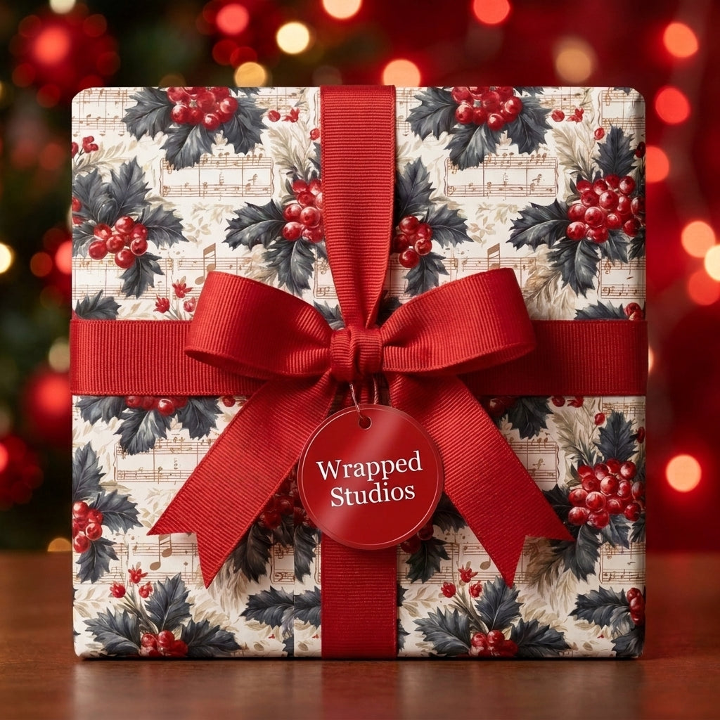 Vintage Christmas wrapping paper with holly and music notes, tied with a red bow by Wrapped Studios.