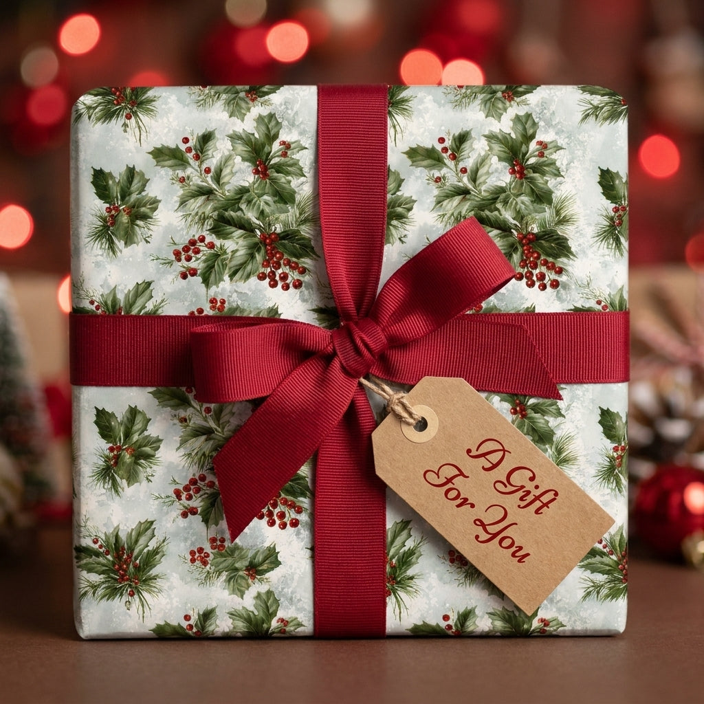 Holly Christmas wrapping paper with a red ribbon bow and gift tag by Wrapped Studios.
