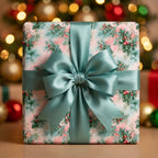 Vintage floral Christmas wrapping paper with a teal satin bow by Wrapped Studios.