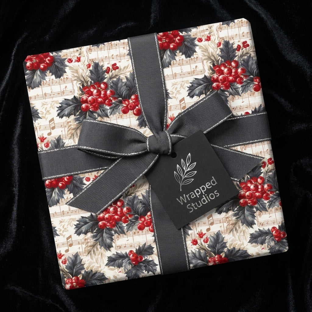 Vintage music sheet and holly Christmas wrapping paper with a grey bow by Wrapped Studios.