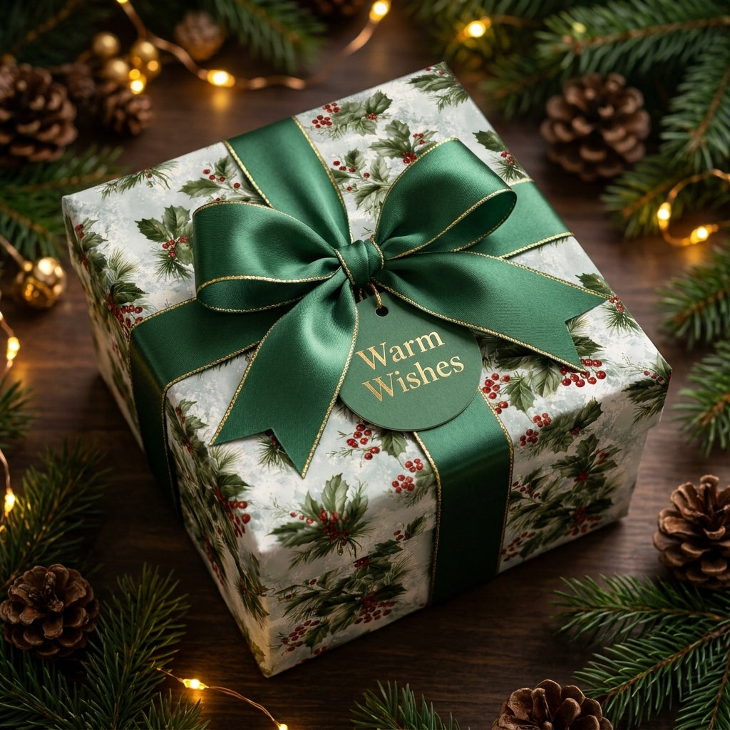 Luxury holly Christmas wrapping paper with a green satin bow on a gift box by Wrapped Studios.