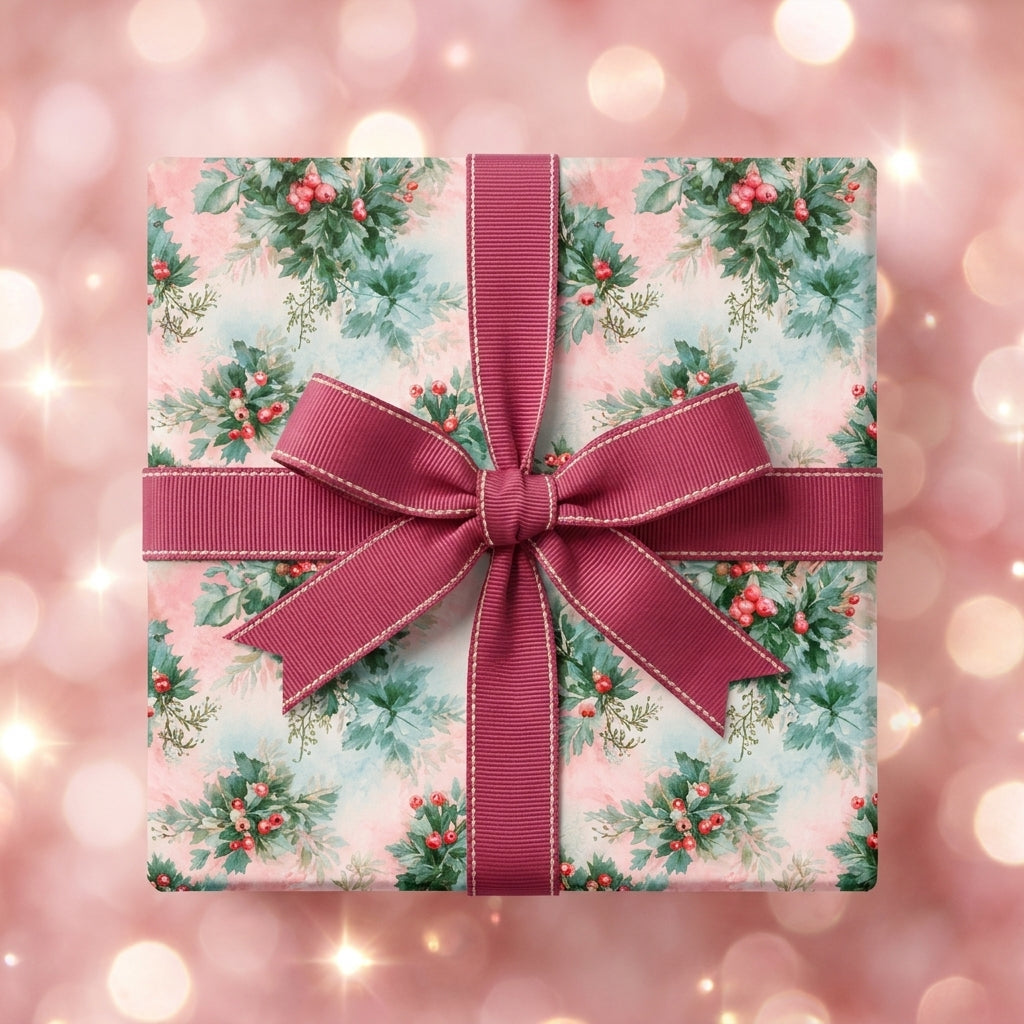 Vintage pink Christmas wrapping paper with a holly berry pattern and mauve bow, by Wrapped Studios.