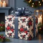 Luxury Christmas wrapping paper with holly and sheet music, tied with a blue satin bow by Wrapped Studios.