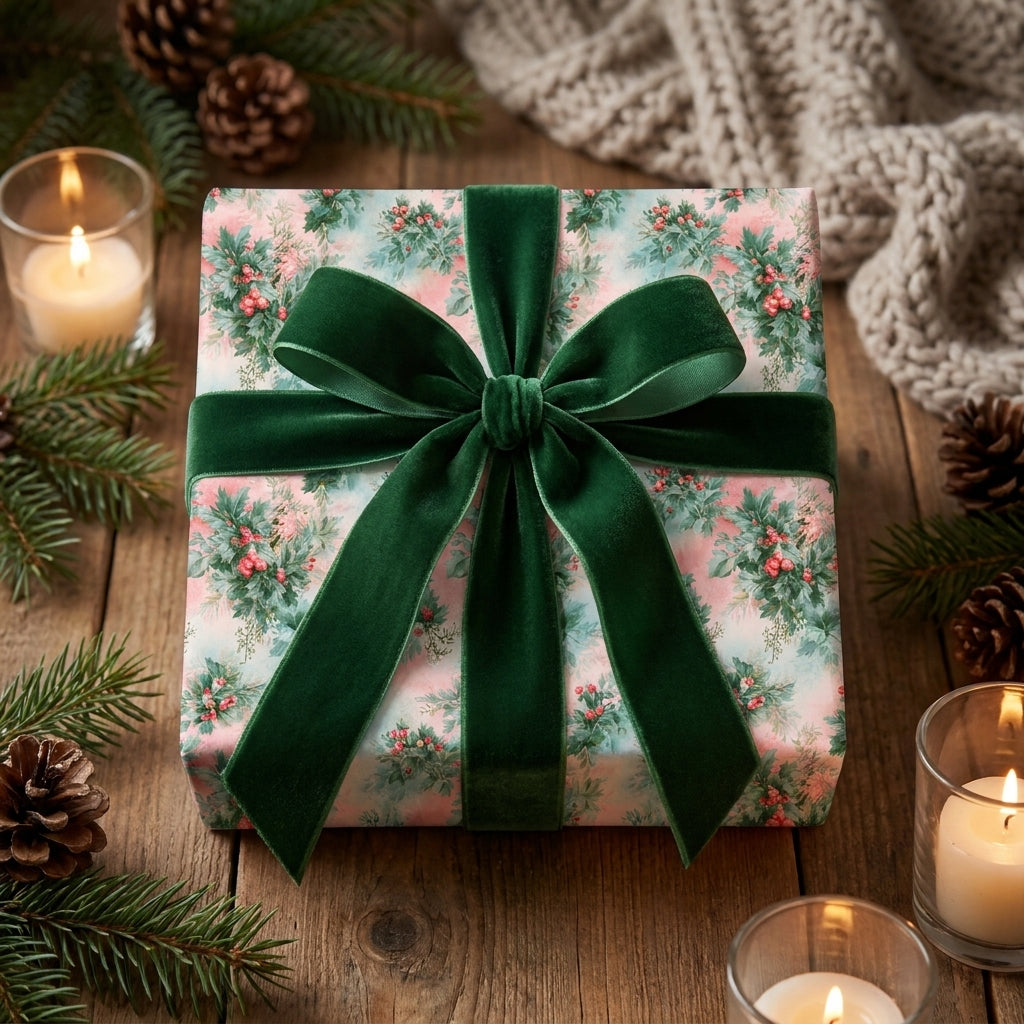 Vintage Christmas wrapping paper with a green velvet bow on a cozy holiday table by Wrapped Studios.