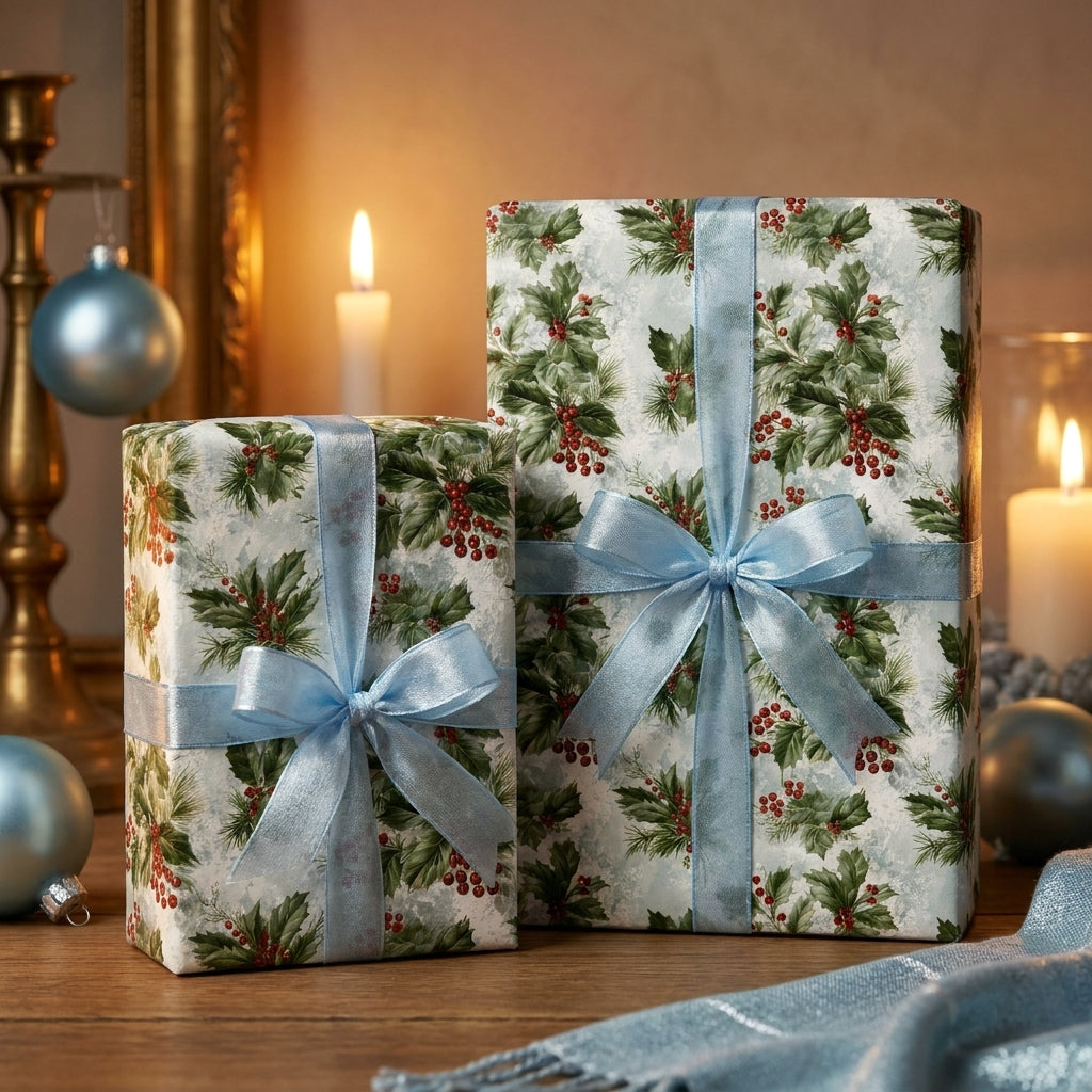 Vintage holly Christmas wrapping paper with light blue ribbons by Wrapped Studios.