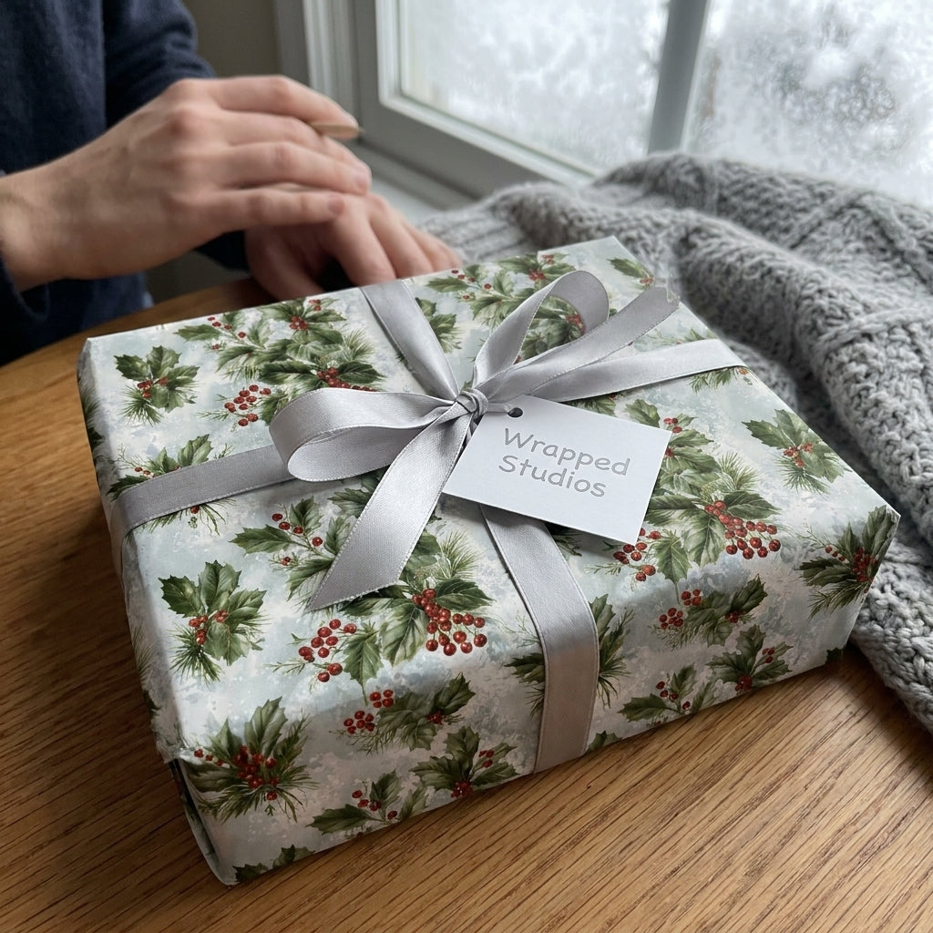 Person wrapping a gift in holly Christmas gift wrap with a silver ribbon, by Wrapped Studios.