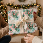 Pink floral Christmas wrapping paper with holly pattern and a cream ribbon bow, by Wrapped Studios.