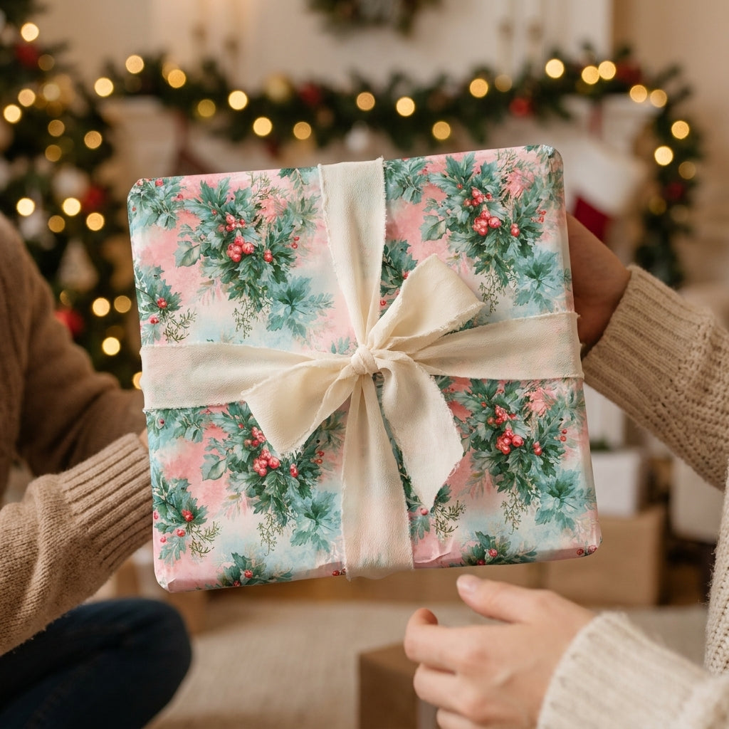 Pink floral Christmas wrapping paper with holly pattern and a cream ribbon bow, by Wrapped Studios.