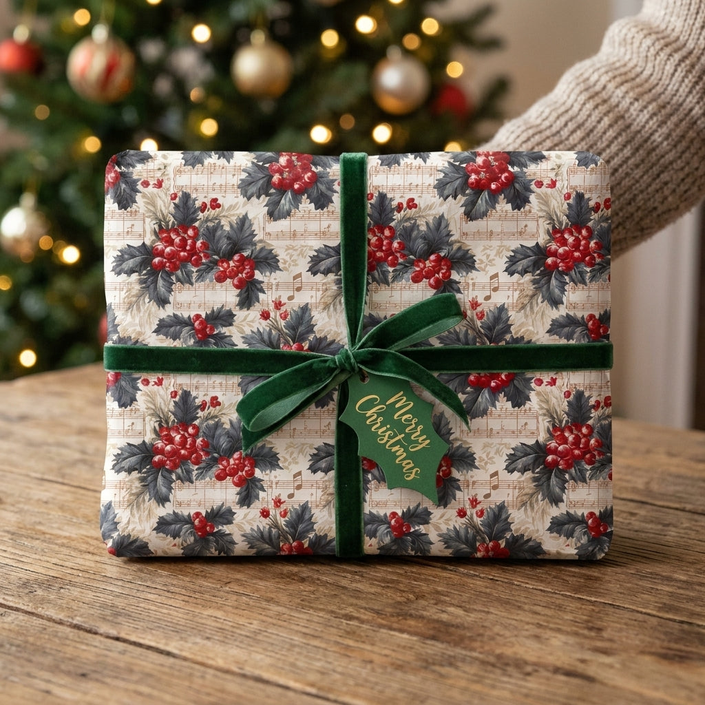 Vintage Christmas wrapping paper with holly and sheet music, tied with a green velvet bow by Wrapped Studios.
