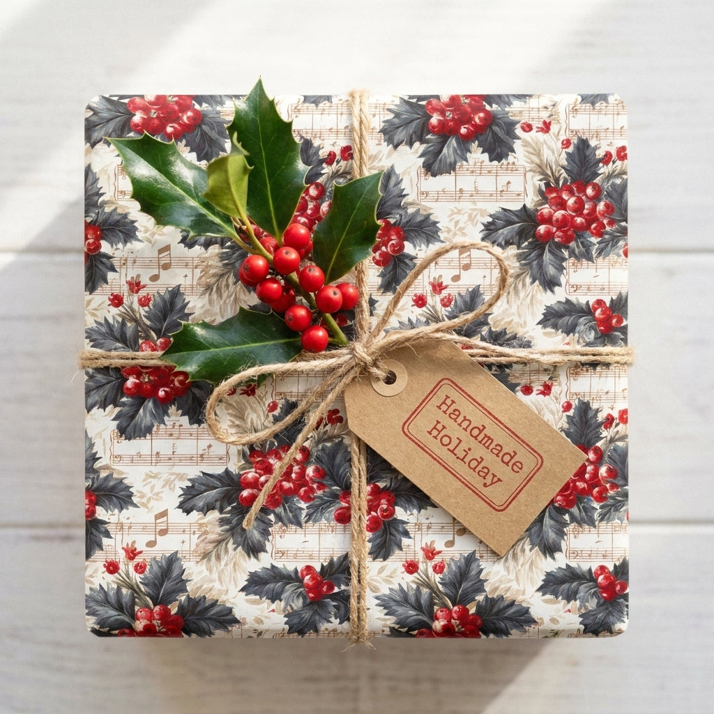 Vintage Christmas gift wrap with holly and sheet music pattern on a rustic gift box by Wrapped Studios.