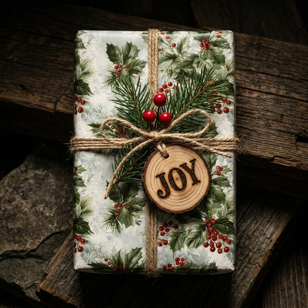 Rustic Christmas gift wrap with vintage holly pattern, twine bow, and wooden JOY tag by Wrapped Studios.