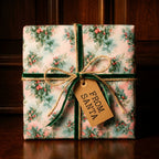 Vintage Christmas wrapping paper with holly print, velvet ribbon, and Santa tag by Wrapped Studios.