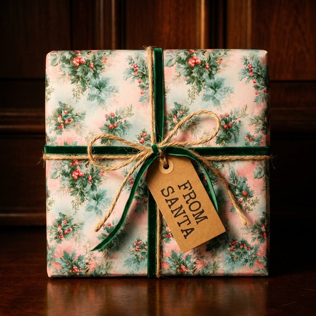 Vintage Christmas wrapping paper with holly print, velvet ribbon, and Santa tag by Wrapped Studios.