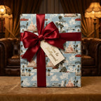 Vintage Hollywood gift wrap with retro cars, red satin bow, and tag by Wrapped Studios.