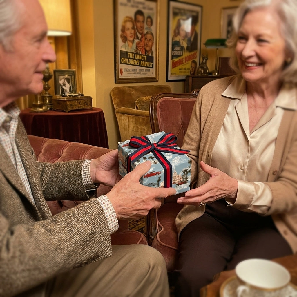 Senior couple exchanging a gift in vintage wrapping paper with a red striped ribbon. Wrapped Studios.