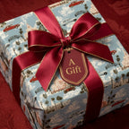 Vintage travel wrapping paper with classic cars, featuring a luxury red ribbon and gift tag by Wrapped Studios.