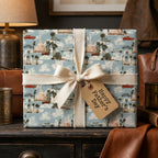 Vintage car Father's Day wrapping paper with cream ribbon bow and gift tag by Wrapped Studios.