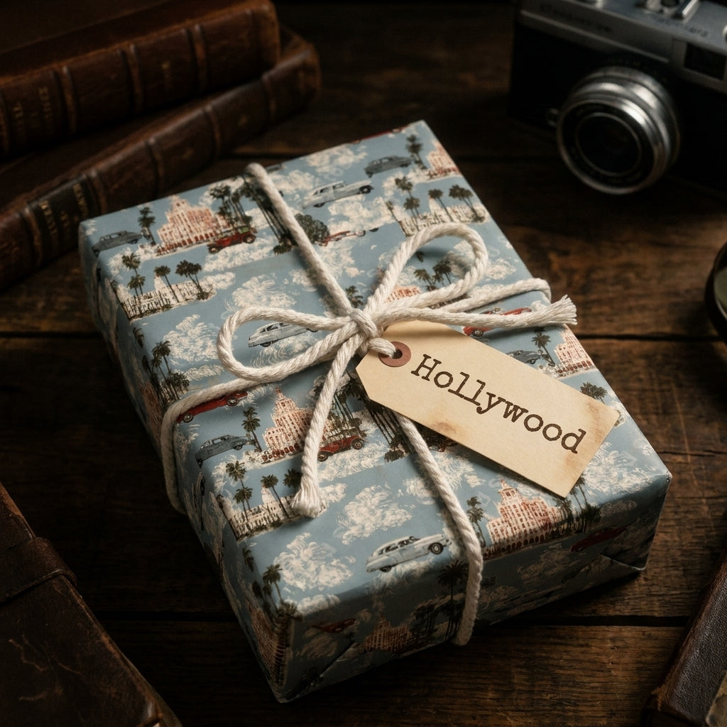 Vintage Hollywood wrapping paper with retro cars and palm trees on a gift box by Wrapped Studios.