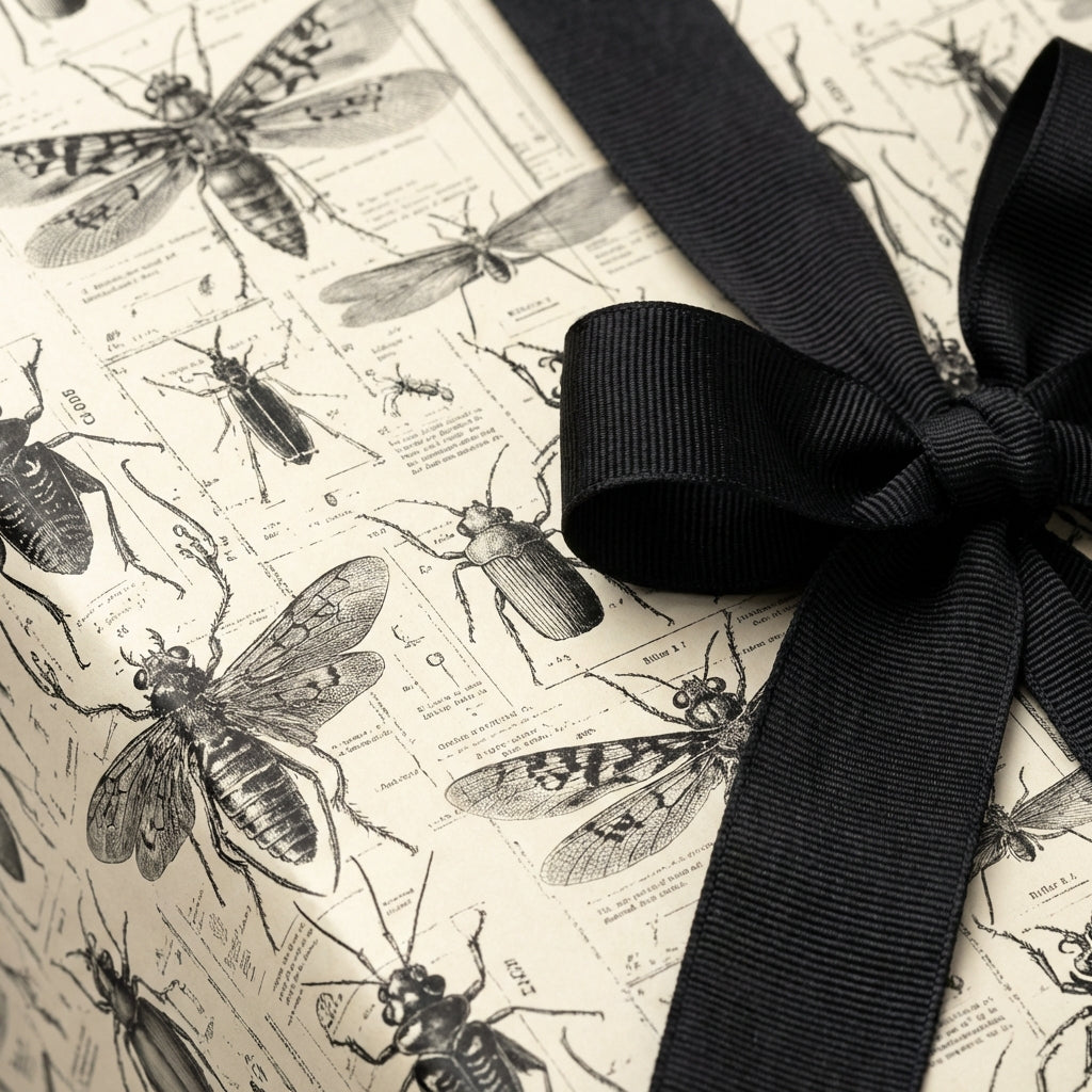 Beige gift box with vintage entomology wrapping paper and a black grosgrain ribbon bow.