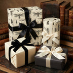 Elegant gifts wrapped in entomology-themed wrapping paper with black and cream ribbons, perfect for unique occasions.