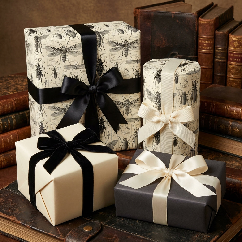 Elegant gifts wrapped in entomology-themed wrapping paper with black and cream ribbons, perfect for unique occasions.