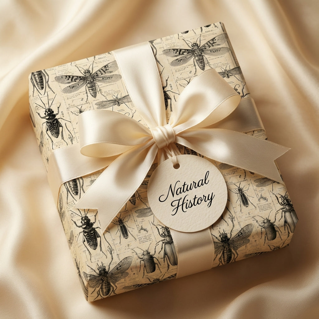 Elegant gift wrapped in vintage insect-themed paper with a cream ribbon and "Natural History" tag.