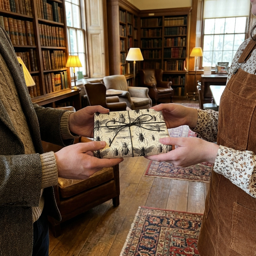 Exchanging a gift wrapped in unique insect-themed wrapping paper, tied with black string in a vintage library setting.