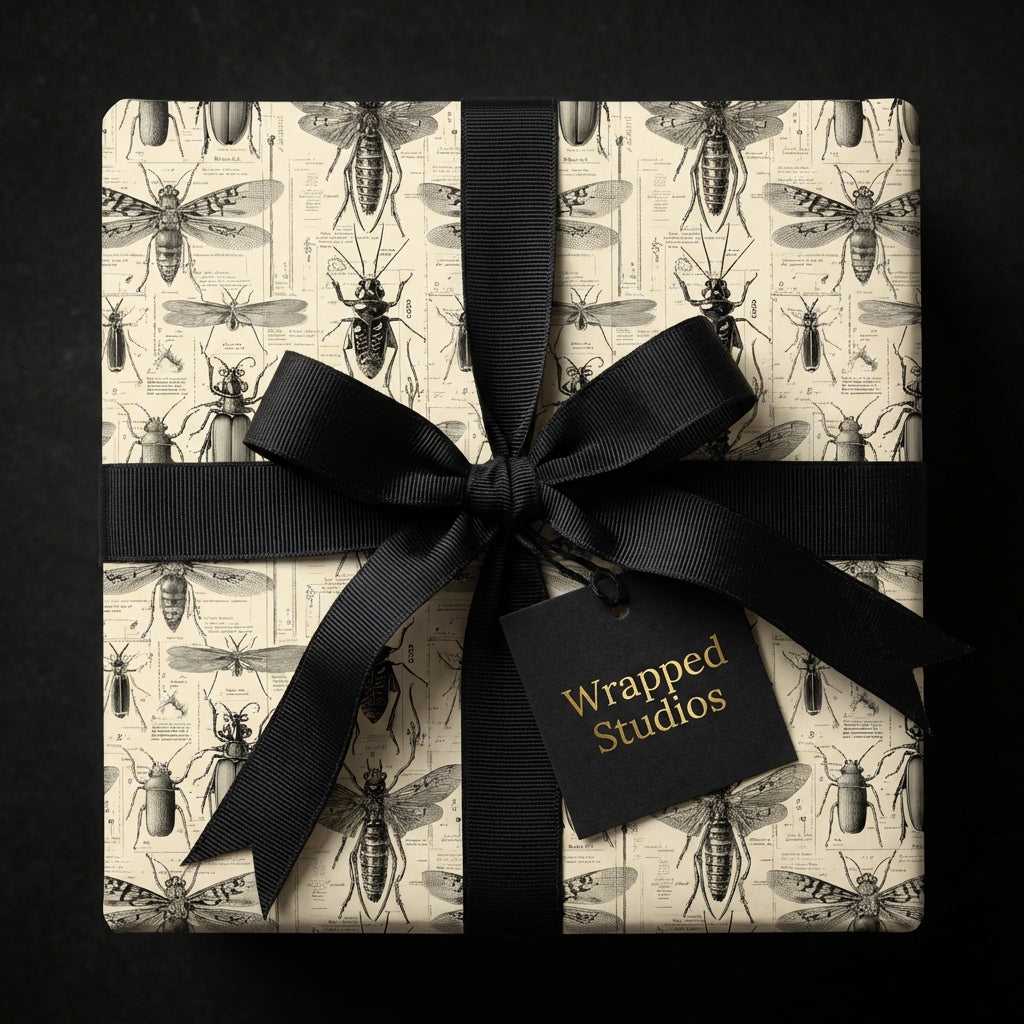 Vintage-style entomology wrapping paper with a black satin ribbon and bow.