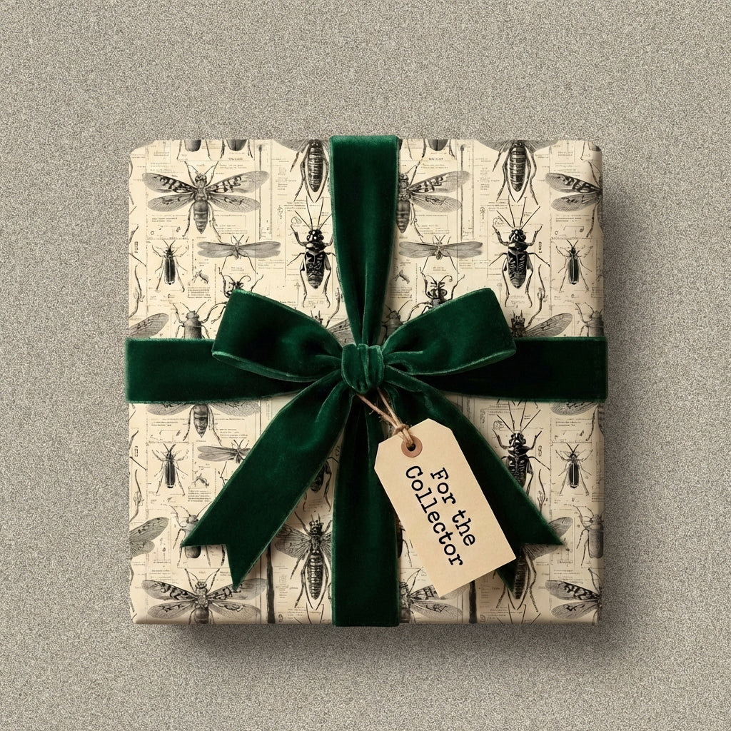Unique entomology wrapping paper with emerald green velvet ribbon and a "For the Collector" tag.