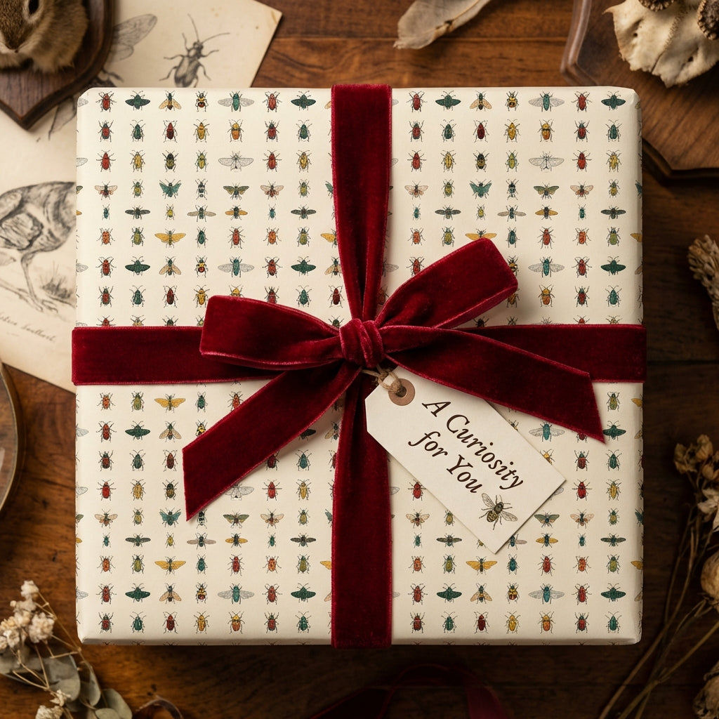 Beetle-themed gift wrapped in ivory wrapping paper with a burgundy velvet ribbon bow.