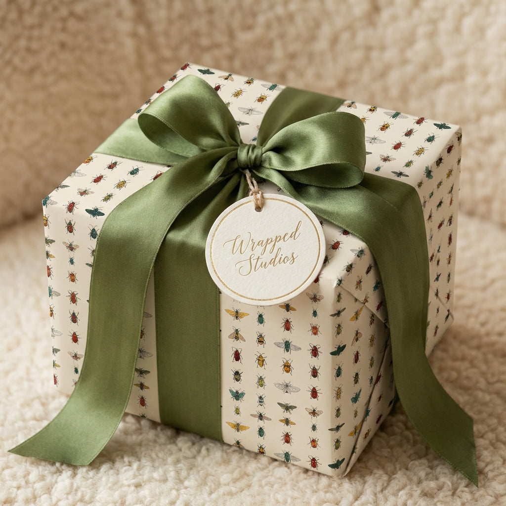 Unique insect-patterned wrapping paper with a green ribbon and tag on a wrapped gift box.