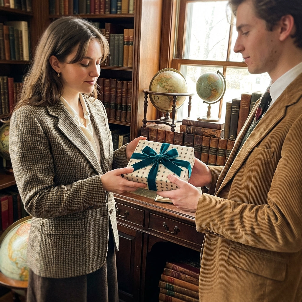 Elegant gift exchange featuring floral wrapping paper with a velvet teal ribbon.