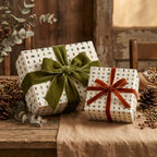 Elegant gifts wrapped in insect-print wrapping paper with velvet ribbon bows.