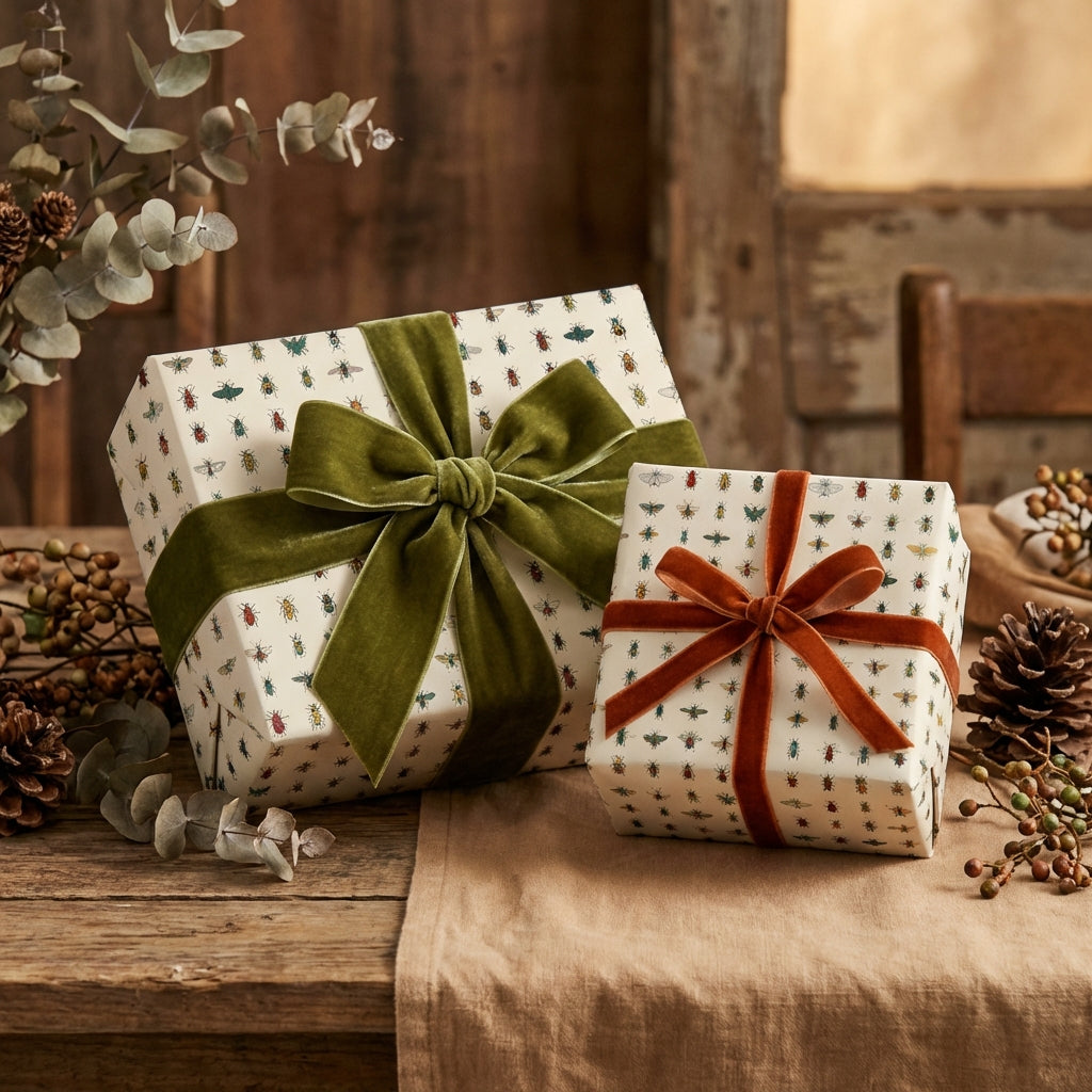 Elegant gifts wrapped in insect-print wrapping paper with velvet ribbon bows.