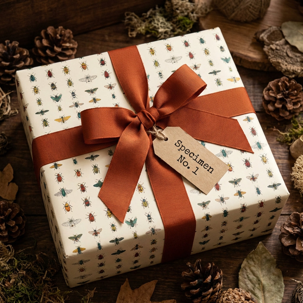Gift box wrapped in insect pattern wrapping paper with rust-colored ribbon and "Specimen No. 1" tag.