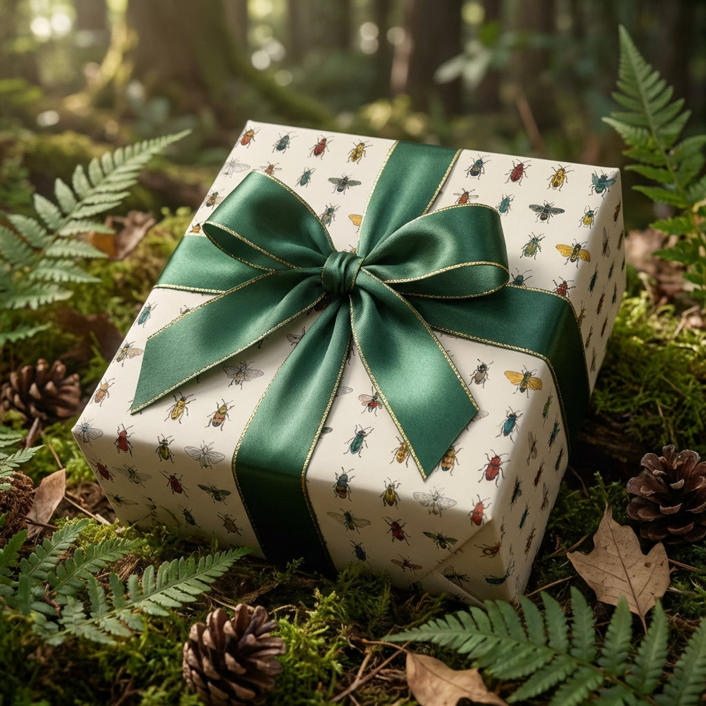 Elegant gift wrapped in insect-themed paper with a dark green ribbon, nestled on moss in a woodland setting.
