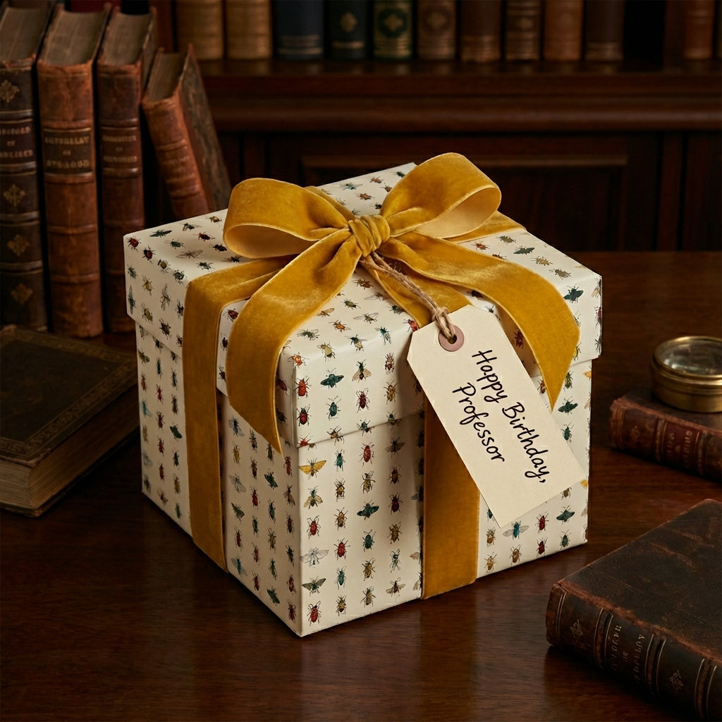 Square birthday gift box in insect-themed wrapping paper, tied with a mustard-yellow velvet ribbon.