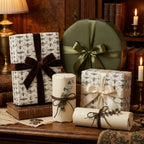 Elegant gifts wrapped in modern insect-print paper and olive green wrapping paper with satin bows for special occasions.