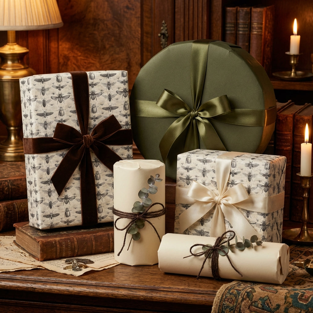 Elegant gifts wrapped in modern insect-print paper and olive green wrapping paper with satin bows for special occasions.