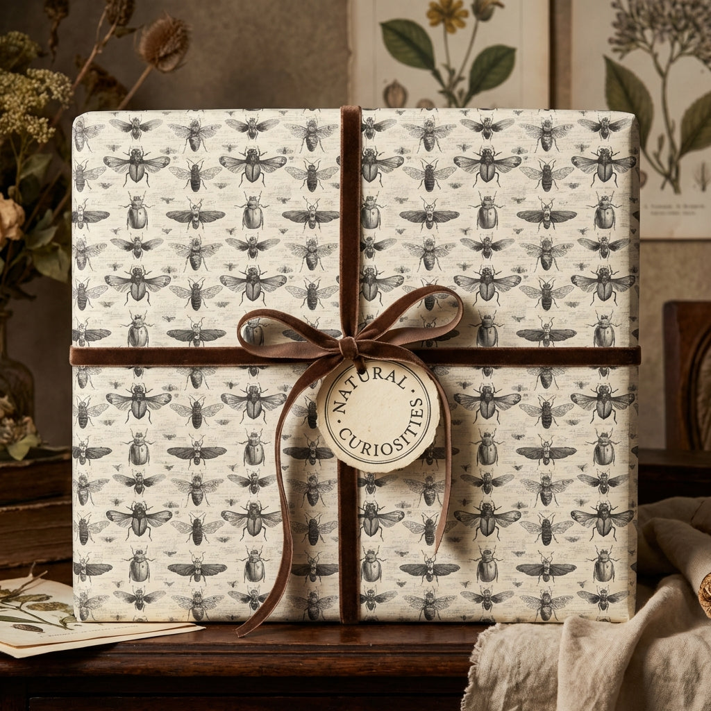 Gift wrapped in insect-themed wrapping paper with brown velvet ribbon and "Natural Curiosities" tag.