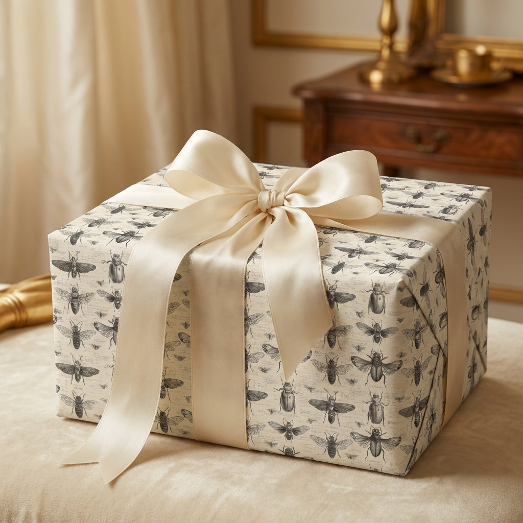 Elegant gift wrapped in entomology-themed paper with a luxurious cream-colored satin bow for a special occasion.