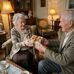 Elderly couple exchanging a gift wrapped in vintage-style paper with a gold ribbon.