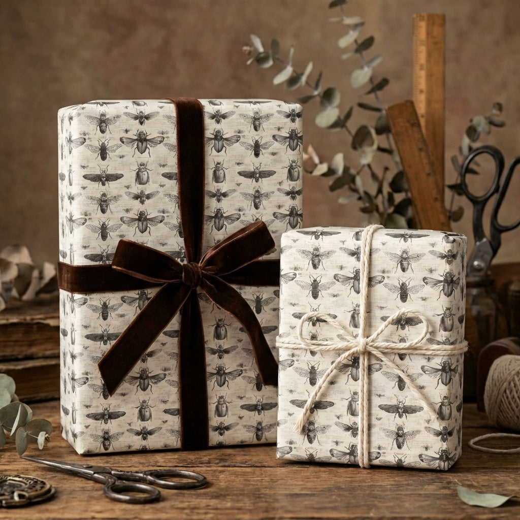 Two presents wrapped in botanical insect print gift wrap with brown velvet ribbon and twine.