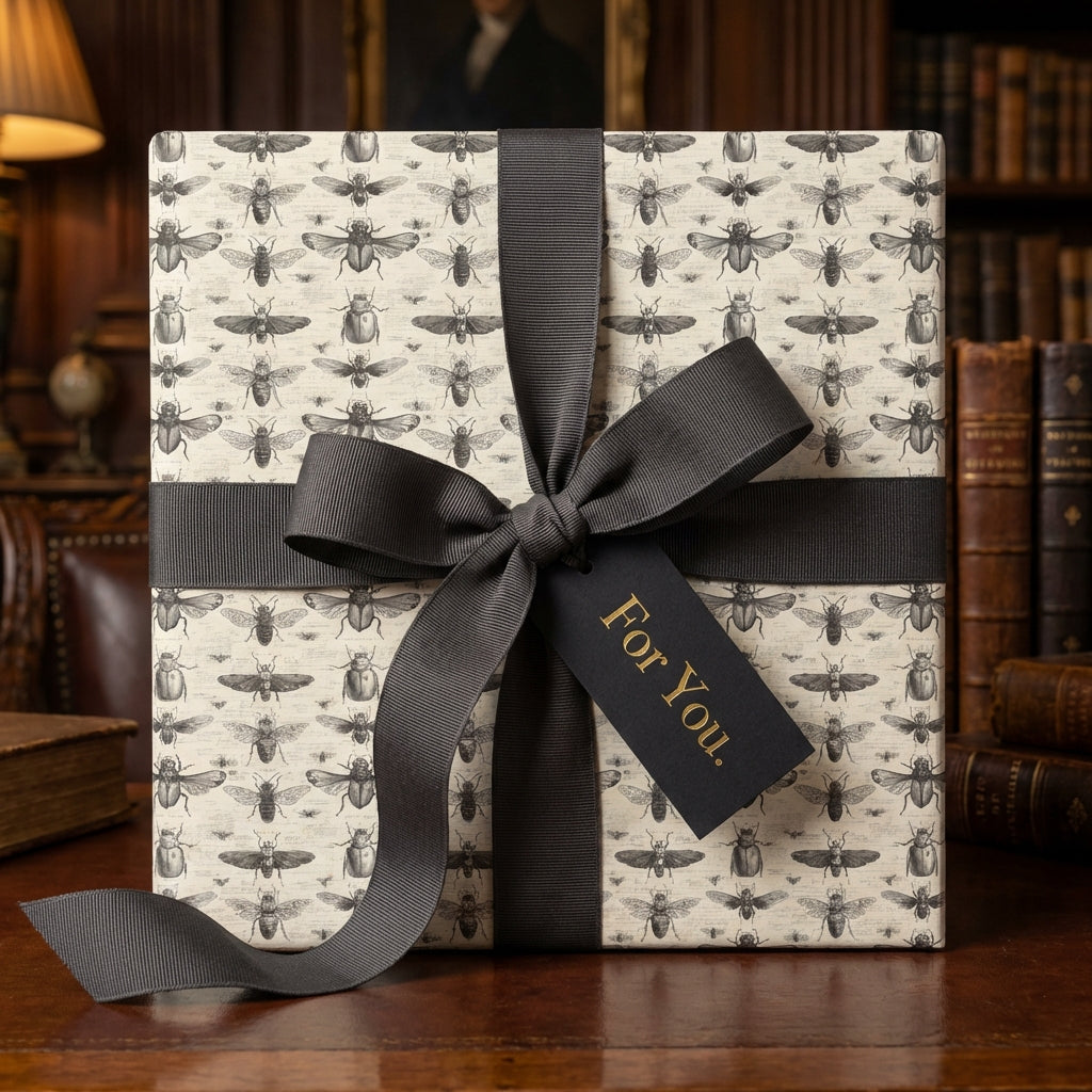 Elegant gift wrapped in insect pattern wrapping paper with gray ribbon, "For You" tag, sitting on a wooden table with books in the background.