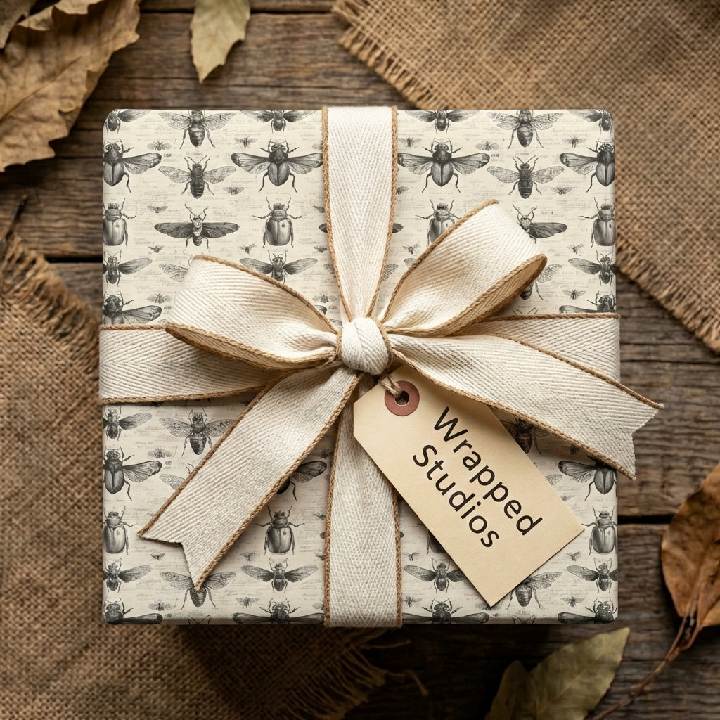 Elegant gift wrapped in entomology-themed paper with cream ribbon, perfect for nature lovers.