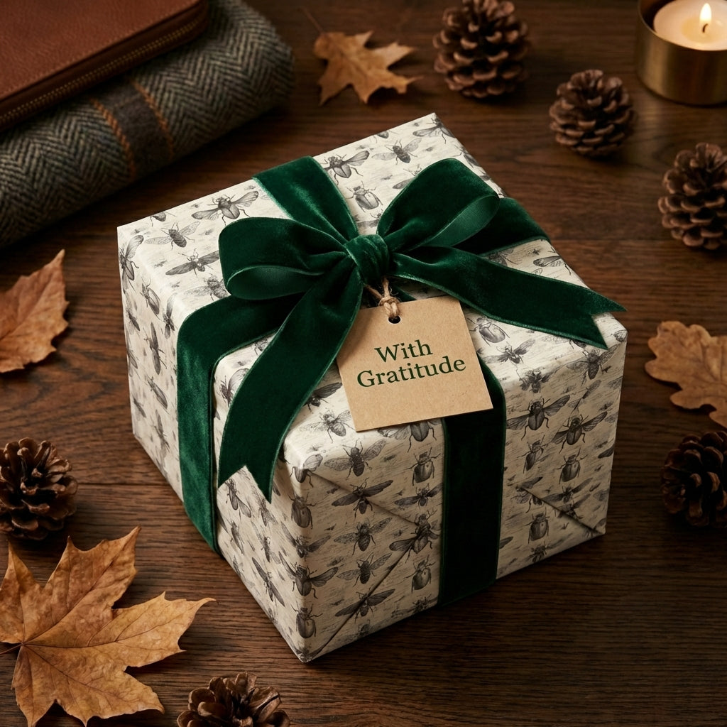 Elegant gift wrapped in insect-patterned paper with velvet green ribbon and "With Gratitude" tag.