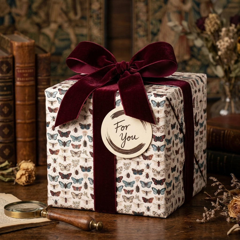 Vintage butterfly wrapping paper by Wrapped Studios on a gift box with a luxurious burgundy velvet bow.