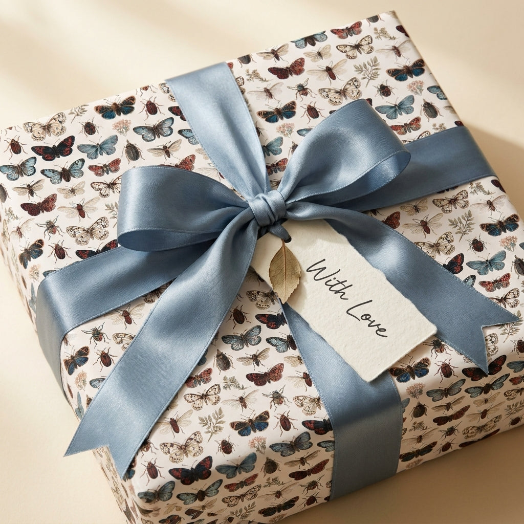 Vintage butterfly and moth wrapping paper with a dusty blue satin ribbon by Wrapped Studios.