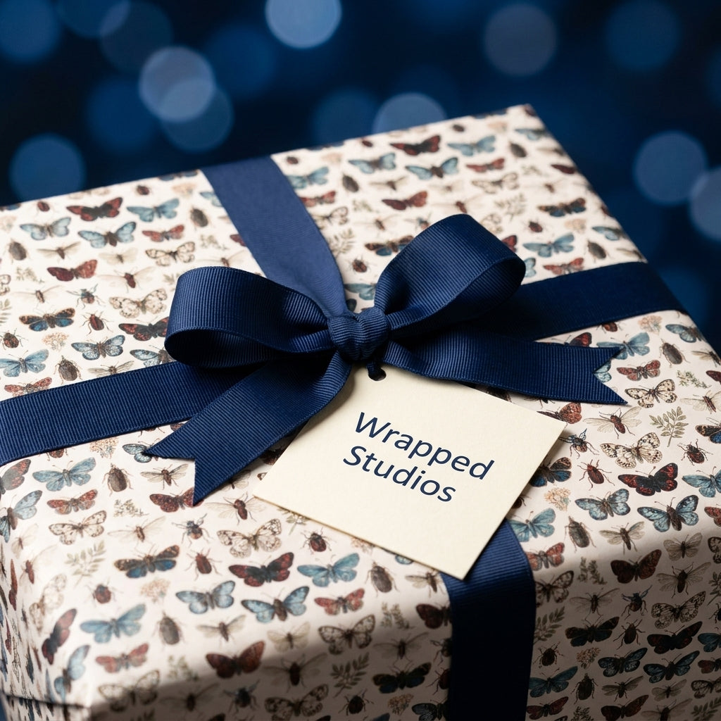 Vintage butterfly and moth wrapping paper with a navy blue bow and Wrapped Studios gift tag.