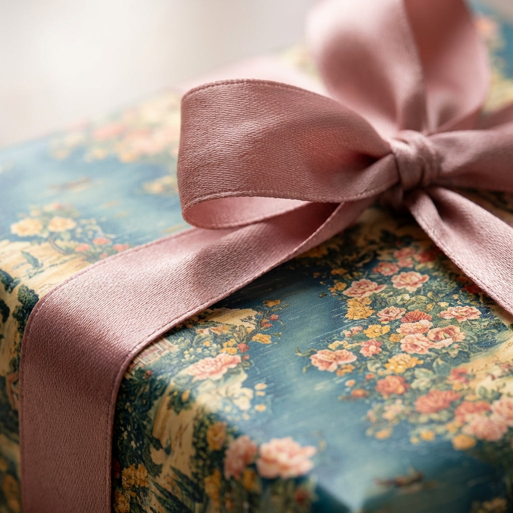 Close-up of a gift wrapped in blue vintage floral wrapping paper, tied with a blush-pink satin ribbon.